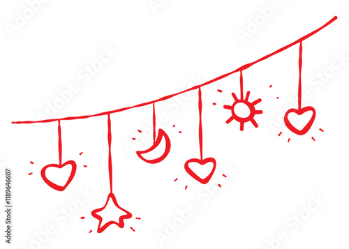 Doodle hand-drawn garland. Heart, moon, sun, star. Love themed contour element, red line isolated on a white background. Valentine, wedding, anniversary, decor, web, blog design, greeting cards