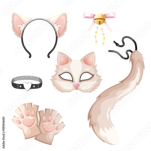 Animal cosplay set with cat mask. Therian subculture set. Quadrober clothes, accessories. Furry costume kit including animal face mask, fluffy tail, plush paw gloves for quadrobic, Halloween, role