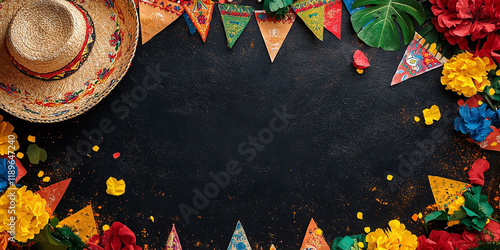 Colorful Mexican-themed fiesta decorations including a straw sombrero, paper flowers, and festive banners on a dark textured background.