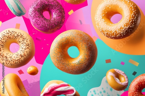 A colorful assortment of donuts and bagels in mid-air against a vibrant background
