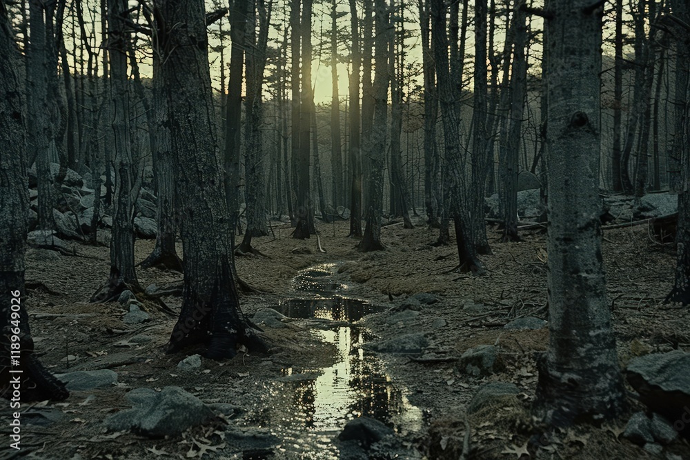 Fototapeta premium A forest with a stream running through it