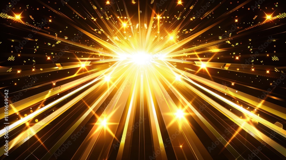 Bright golden rays radiate from central point, creating dazzling burst of light and sparkles against dark background, evoking sense of celebration and energy Bright golden rays radiate from central point, creating dazzling burst of light and sparkles against dark background, evoking sense of celebration and energy