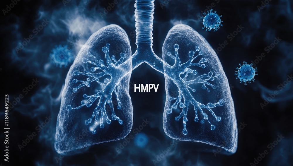 Visual representation of HMPV affecting the lungs, highlighting its potential impact on public health in China by 2025. The image depicts viral structures invading lung tissue.