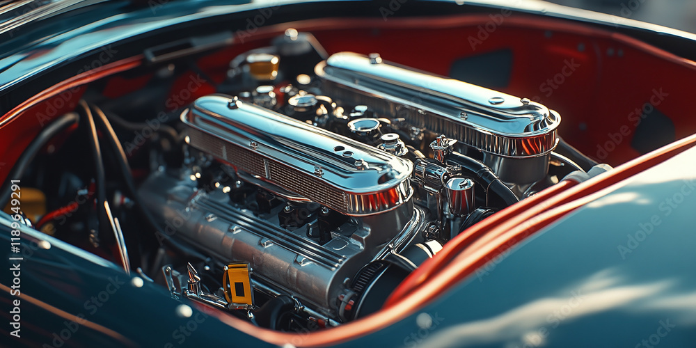 Fototapeta premium Close-up view of a classic car engine with polished chrome components, reflecting light and showcasing intricate mechanical details.