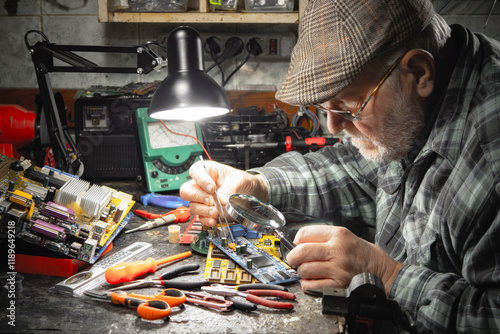 Bilde på lerret An elderly electronics repairman works in a home workshop.