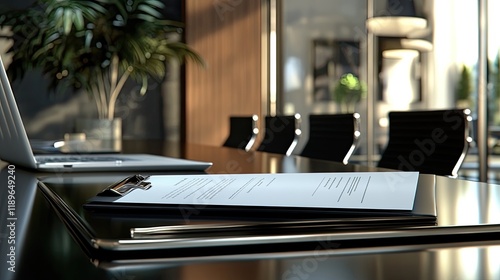 A sleek folder containing a business plan and financial projections placed on a modern conference table with a laptop.