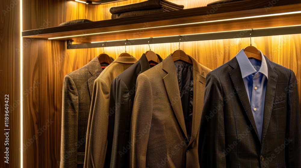 Stylish collection of tailored blazers hanging in modern wardrobe, showcasing elegant designs and textures. Perfect for formal occasions and professional settings Stylish collection of tailored blazers hanging in modern wardrobe, showcasing elegant designs and textures. Perfect for formal occasions and professional settings