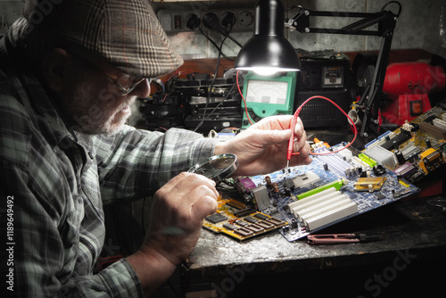 Technician repairing a computer in a workshop. Selective focus.