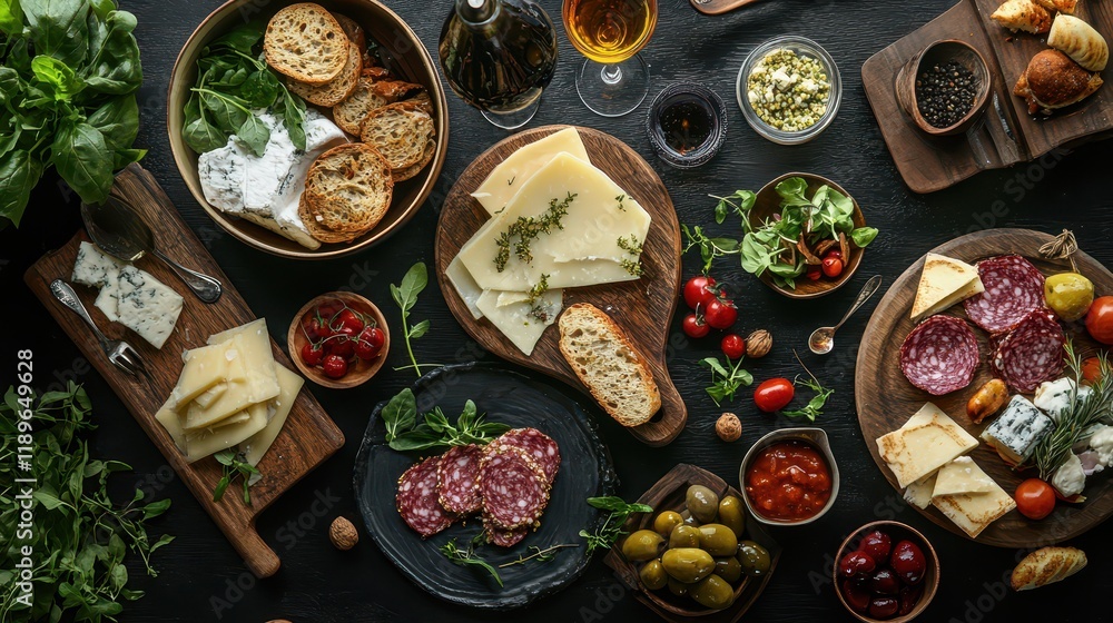 Many different healthy food on dark textured table, flat lay Many different healthy food on dark textured table, flat lay