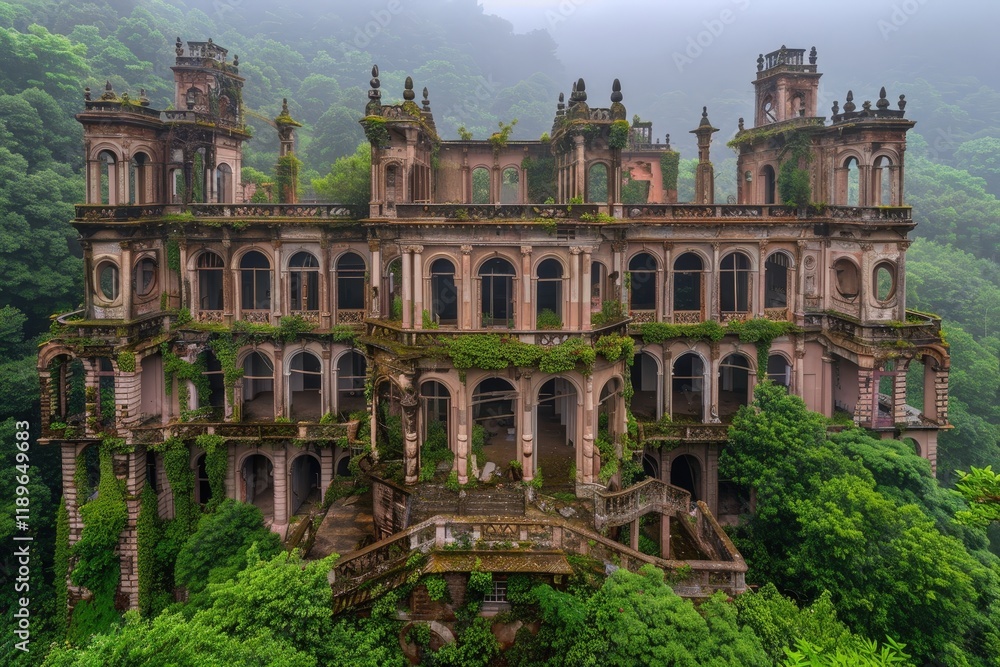 A large, abandoned building with vines growing on it A large, abandoned building with vines growing on it