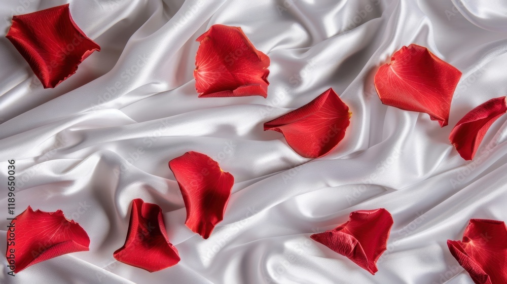Fototapeta premium Red rose petals scattered on smooth white satin fabric create romantic and elegant atmosphere, perfect for special occasions or intimate settings