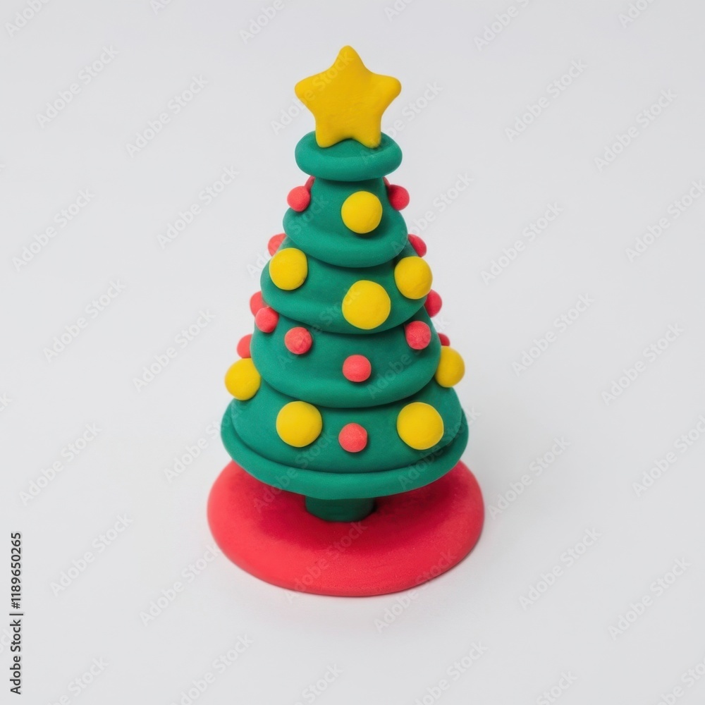 Colorful clay Christmas tree with a yellow star on top, green tiers, and vibrant red, yellow, and green ornaments on a red base Colorful clay Christmas tree with a yellow star on top, green tiers, and vibrant red, yellow, and green ornaments on a red base