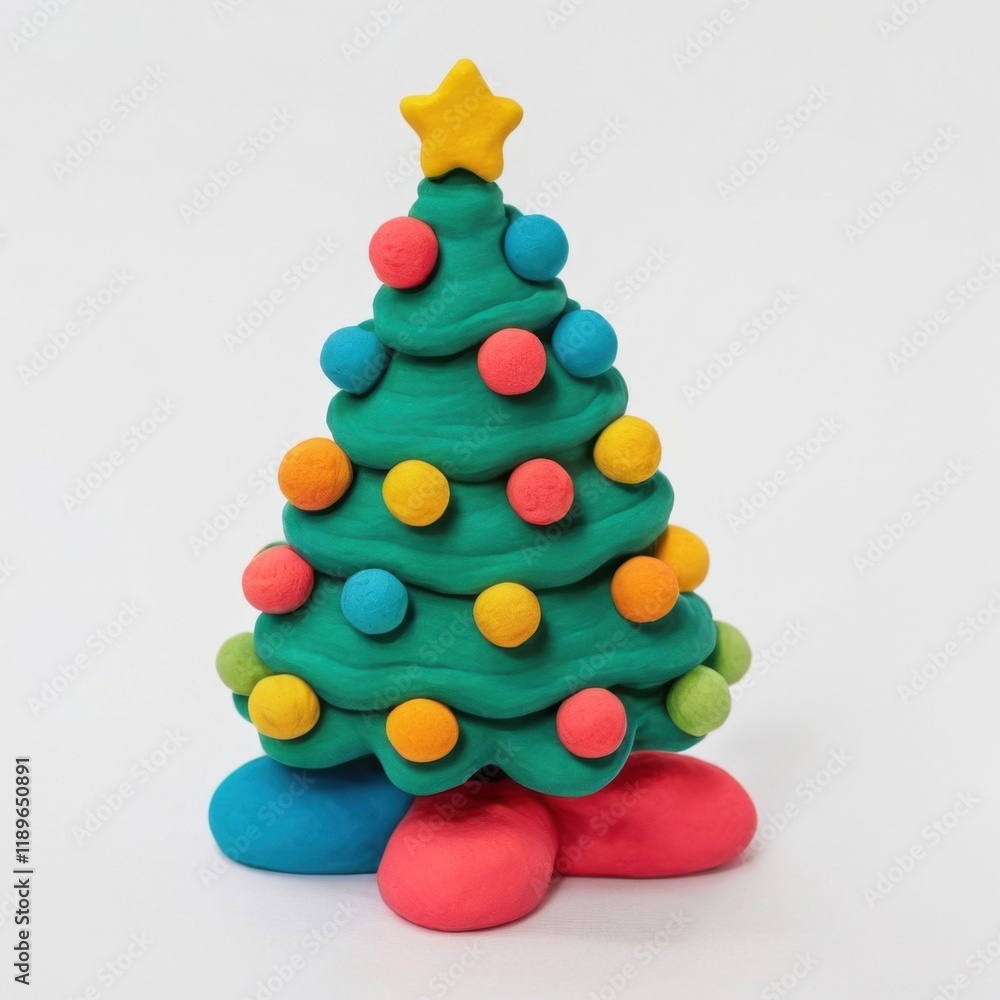 Colorful clay Christmas tree with a star topper and round ornaments in bright colors, sitting on a white background Colorful clay Christmas tree with a star topper and round ornaments in bright colors, sitting on a white background