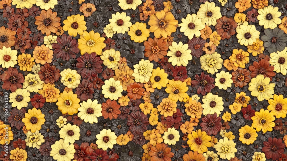 Autumnal Floral Mosaic, Intricate Pattern of Hand-Carved Flowers Autumnal Floral Mosaic, Intricate Pattern of Hand-Carved Flowers