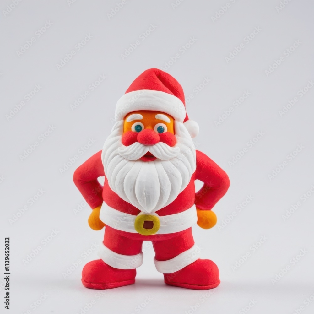 A cheerful clay model of Santa Claus with a bright red suit, white beard, and black belt, standing confidently with hands on hips A cheerful clay model of Santa Claus with a bright red suit, white beard, and black belt, standing confidently with hands on hips
