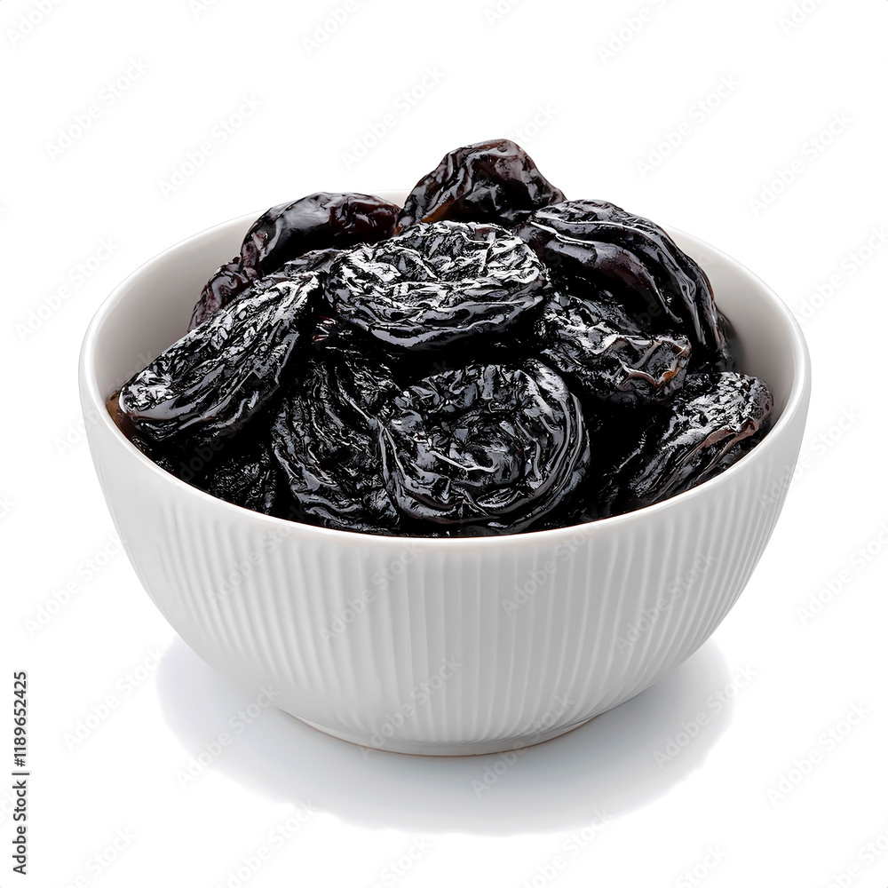 Dried pitted black plums in a white ceramic bowl, isolated on white background Dried pitted black plums in a white ceramic bowl, isolated on white background