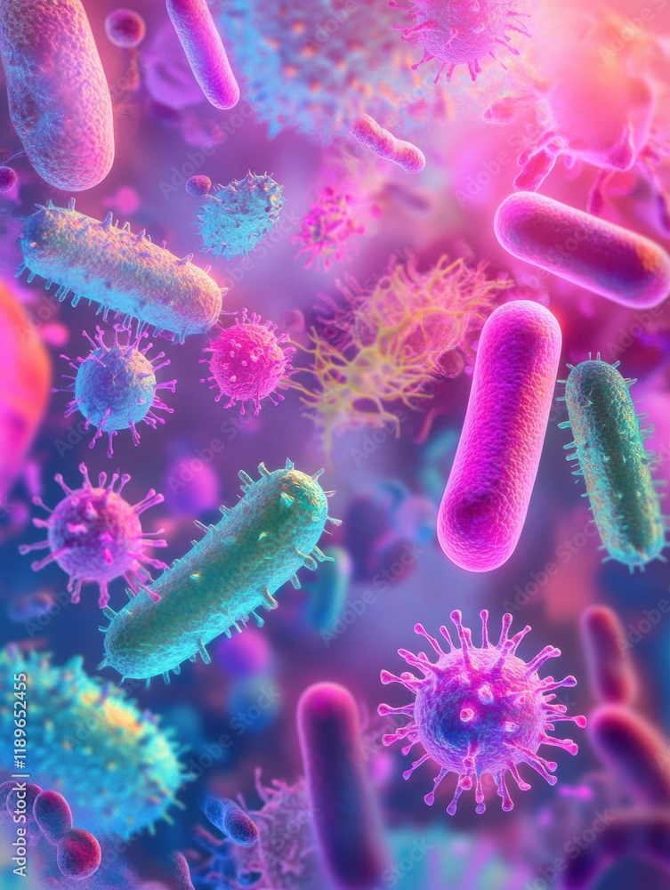 Naklejka premium Colorful illustration of diverse microscopic microbes displaying various shapes and textures in a vibrant environment. Generative AI