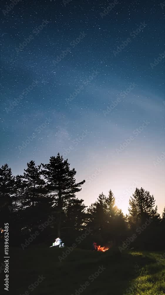 Friends sitting by campfire under starry night sky with milky way galaxy stars at moonlight, Vertical Astronomy Time lapse