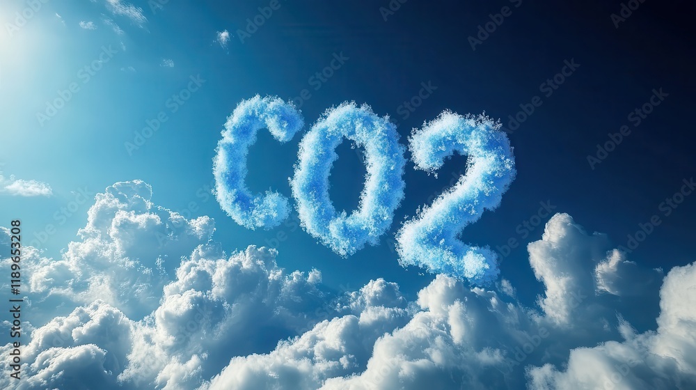 Fototapeta premium Blue sky with CO2 chemical formula and clouds. Carbon dioxide emissions