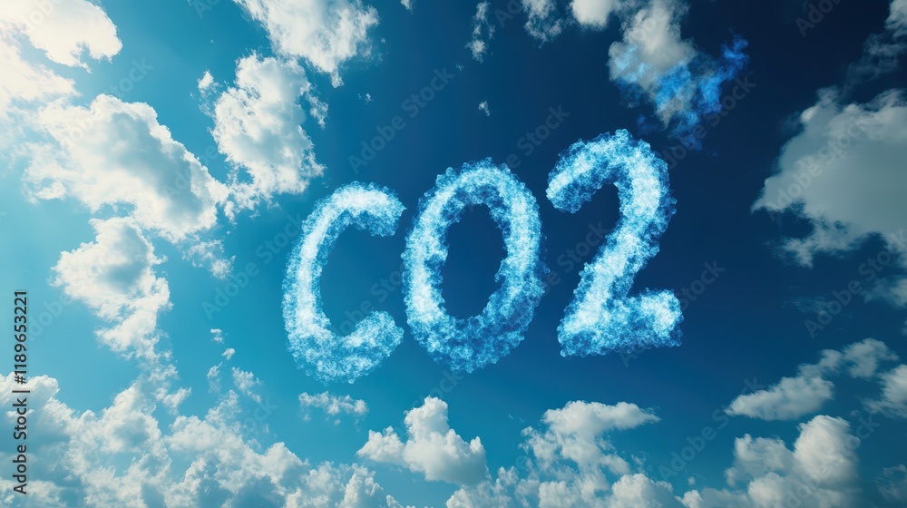 Blue sky with CO2 chemical formula and clouds. Carbon dioxide emissions Blue sky with CO2 chemical formula and clouds. Carbon dioxide emissions