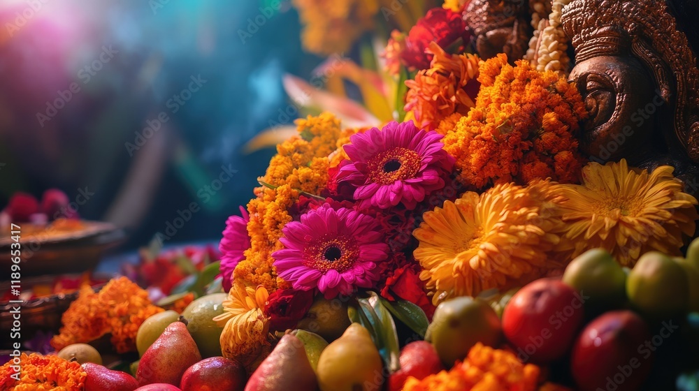 Fototapeta premium A close-up of traditional offerings made to Bajrangbali, showcasing vibrant flowers, fruits, and ceremonial items, symbolizing devotion.
