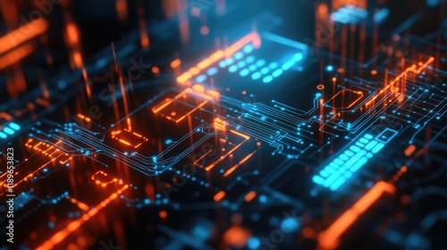 Wallpaper Mural Abstract digital circuit board with glowing blue and orange elements. Torontodigital.ca