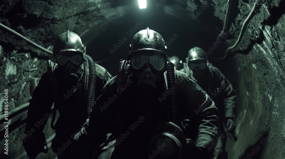 Fototapeta premium Soldiers in gas masks walk through dark tunnel.