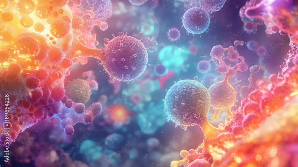 Illustration of microscopic microbes showcasing diverse shapes, colors, and textures in a vibrant abstract environment. Generative AI Illustration of microscopic microbes showcasing diverse shapes, colors, and textures in a vibrant abstract environment. Generative AI