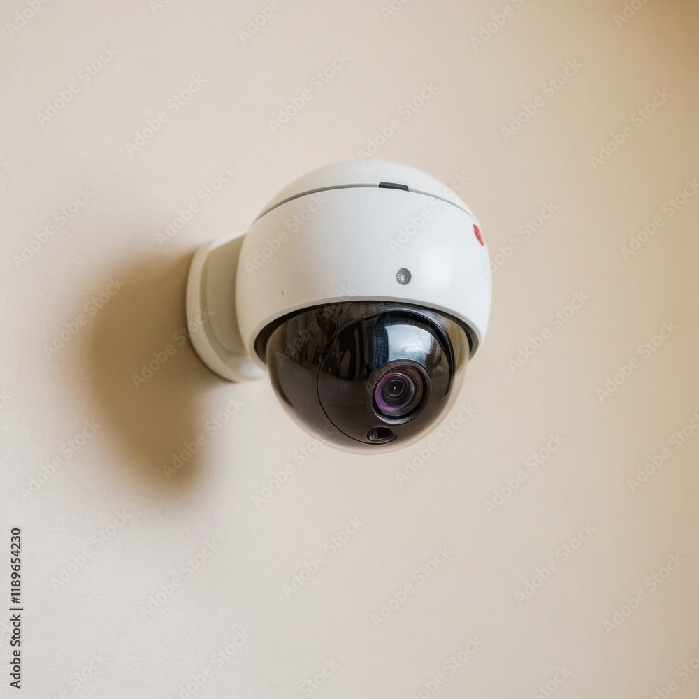 A sleek white dome security camera mounted on a smooth wall, featuring a glossy black lens for surveillance A sleek white dome security camera mounted on a smooth wall, featuring a glossy black lens for surveillance