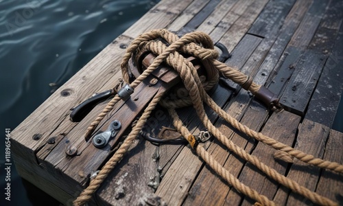 A rope attached to a cleat on a wooden dock in the water with murky dark water beneath it , marine, rope photo