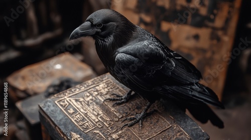 A raven sitting on a mysterious ancient artifact, gothic aesthetic photo