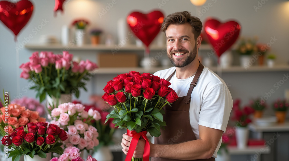 Smiling florist holding red roses bouquet with ribbon, standing in shop filled with various flowers, red heart balloons in background. Valentine's Day Flower Delivery Concept Smiling florist holding red roses bouquet with ribbon, standing in shop filled with various flowers, red heart balloons in background. Valentine's Day Flower Delivery Concept
