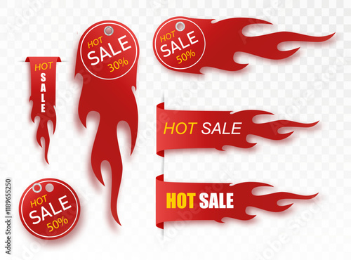 Flat linear promotion fire banner, price tag, hot sale, offer, price. Vector illustration set
