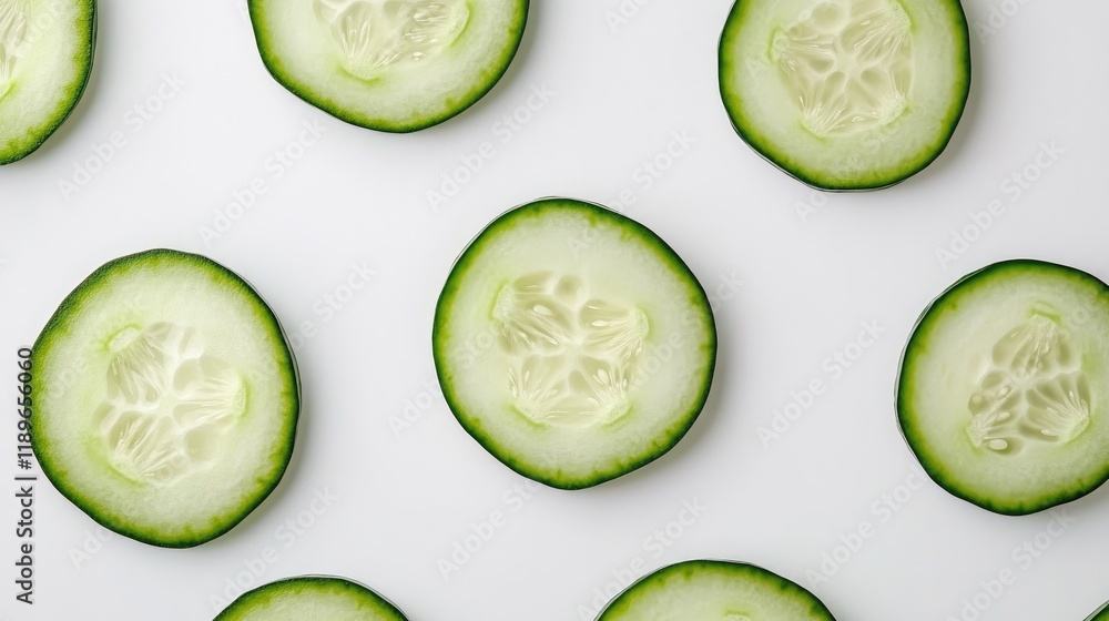 Refreshing Cucumber Slices Pattern on White Background Refreshing Cucumber Slices Pattern on White Background