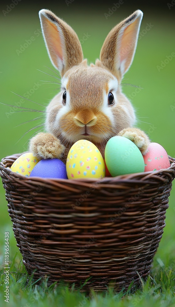 Adorable bunny peeking from a basket filled with colorful Easter eggs. Adorable bunny peeking from a basket filled with colorful Easter eggs.