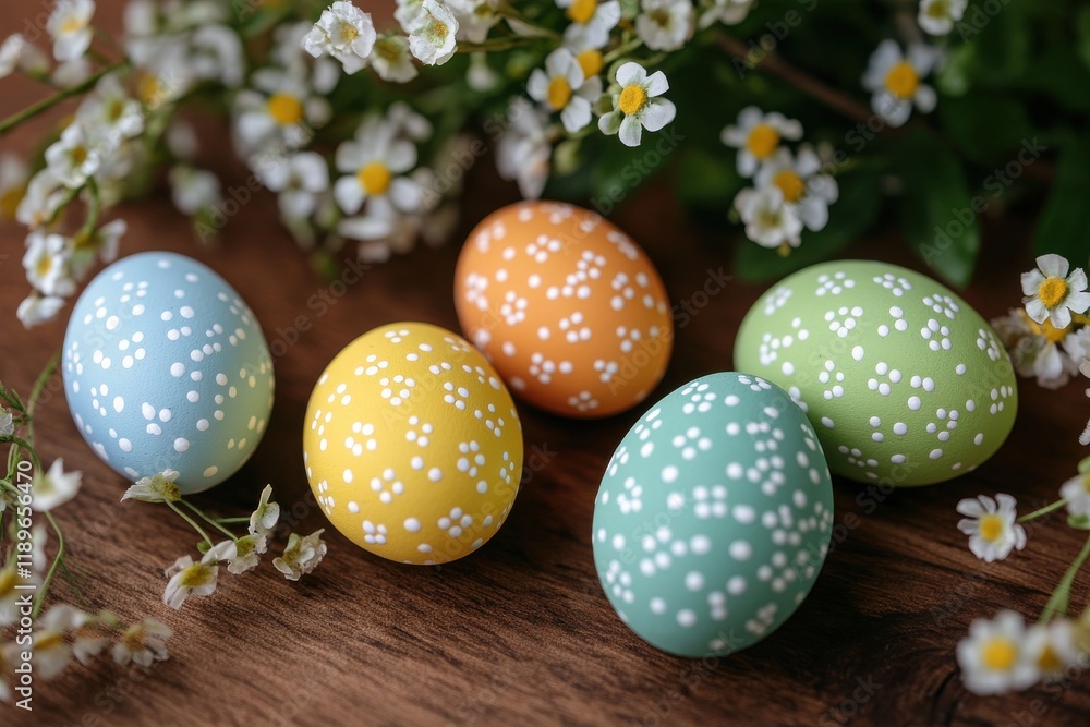 Decorative Easter eggs arranged on a wooden surface, surrounded by delicate white flowers.