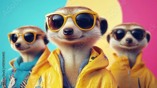 Three stylish meerkats wearing sunglasses and colorful jackets against a vibrant background.