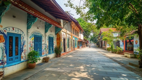 A charming street lined with traditional buildings adorned with vibrant murals in Fort Kochi.
