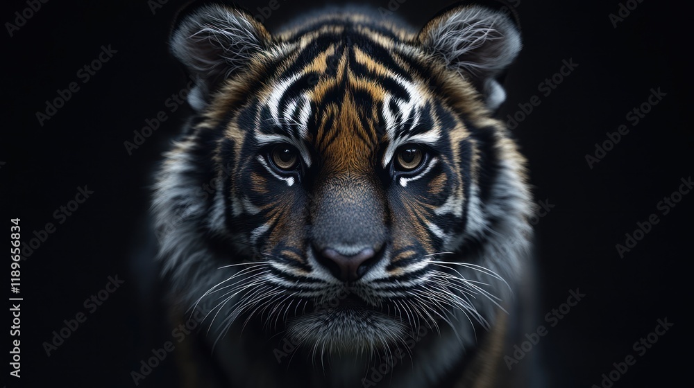Fototapeta premium Studio Tiger Cub Portrait, Dark Background, Wildlife Conservation