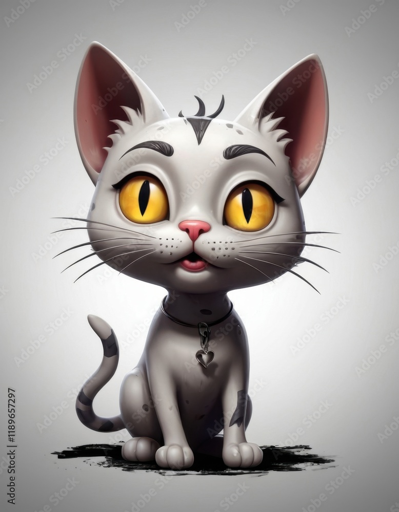 Illustration of an adorable grey and white cartoon kitten with big yellow eyes and a heart-shaped tag. Illustration of an adorable grey and white cartoon kitten with big yellow eyes and a heart-shaped tag.