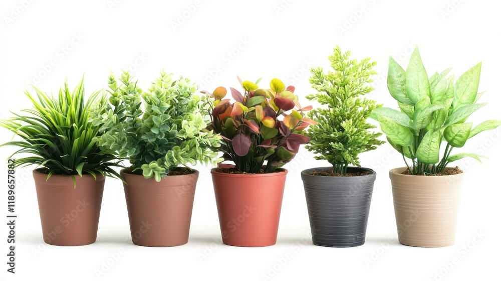 Set of artificial plants in flower pots isolated on white Set of artificial plants in flower pots isolated on white