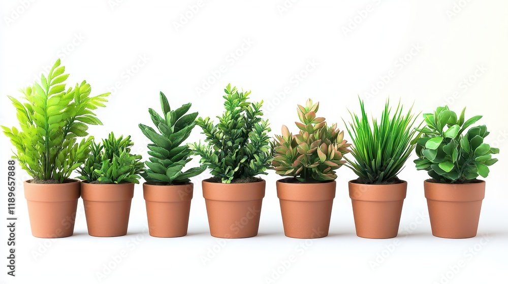 Fototapeta premium Set of artificial plants in flower pots isolated on white