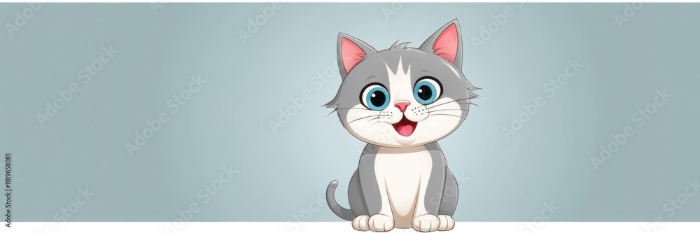 Cartoon illustration of a surprised gray and white kitten with blue eyes. Cartoon illustration of a surprised gray and white kitten with blue eyes.