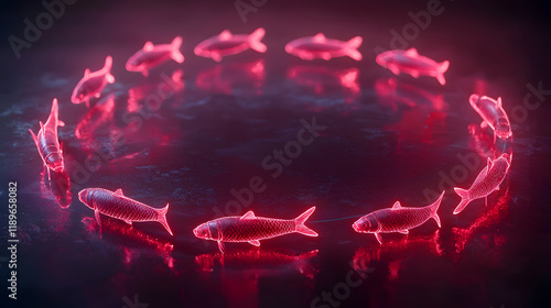 Holographic fish dance in circle digital art abstract environment visual concept