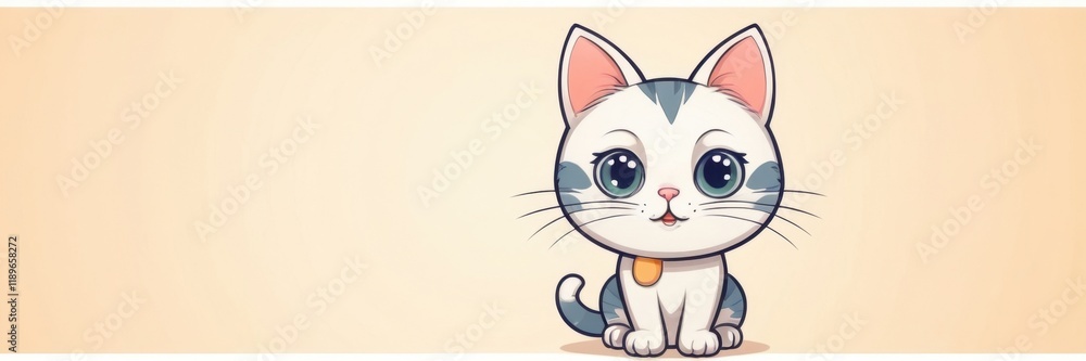 A cute animated white kitten with blue eyes and a yellow collar on a peach background. A cute animated white kitten with blue eyes and a yellow collar on a peach background.