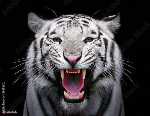 3d detailed high resolution white tiger head roaring with black background photo