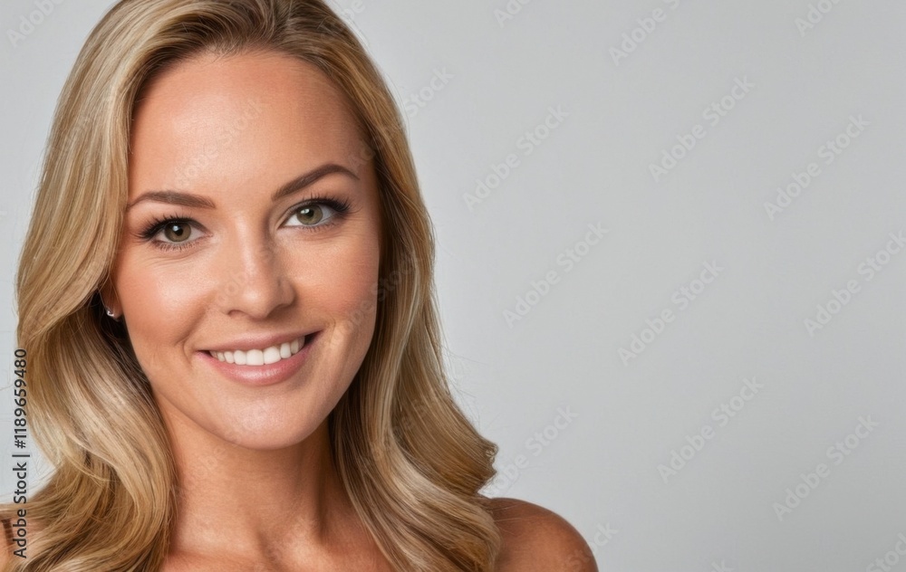 Blonde woman with obscured head area against a grey background. Blonde woman with obscured head area against a grey background.
