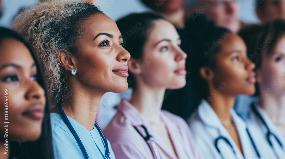 A diverse group of medical professionals in uniforms and stethoscopes looking forward attentively with a focused and determined demeanor
A diverse group of medical professionals in uniforms and stethoscopes looking forward attentively with a focused and determined demeanor