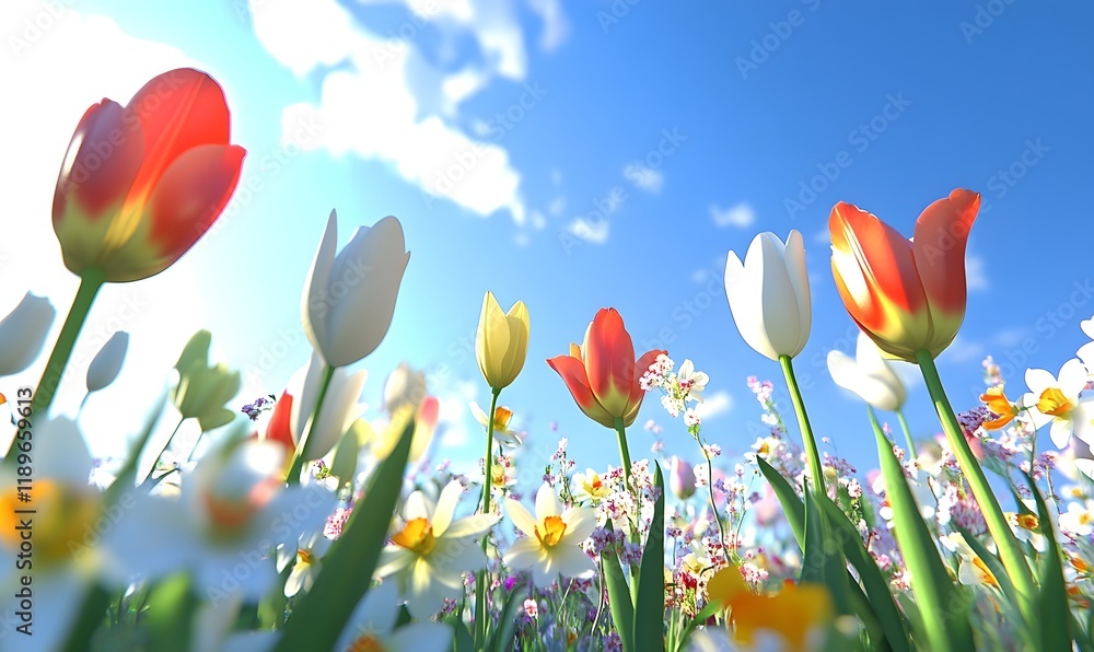 Fototapeta premium Colorful tulips and wildflowers bloom under a bright blue sky.