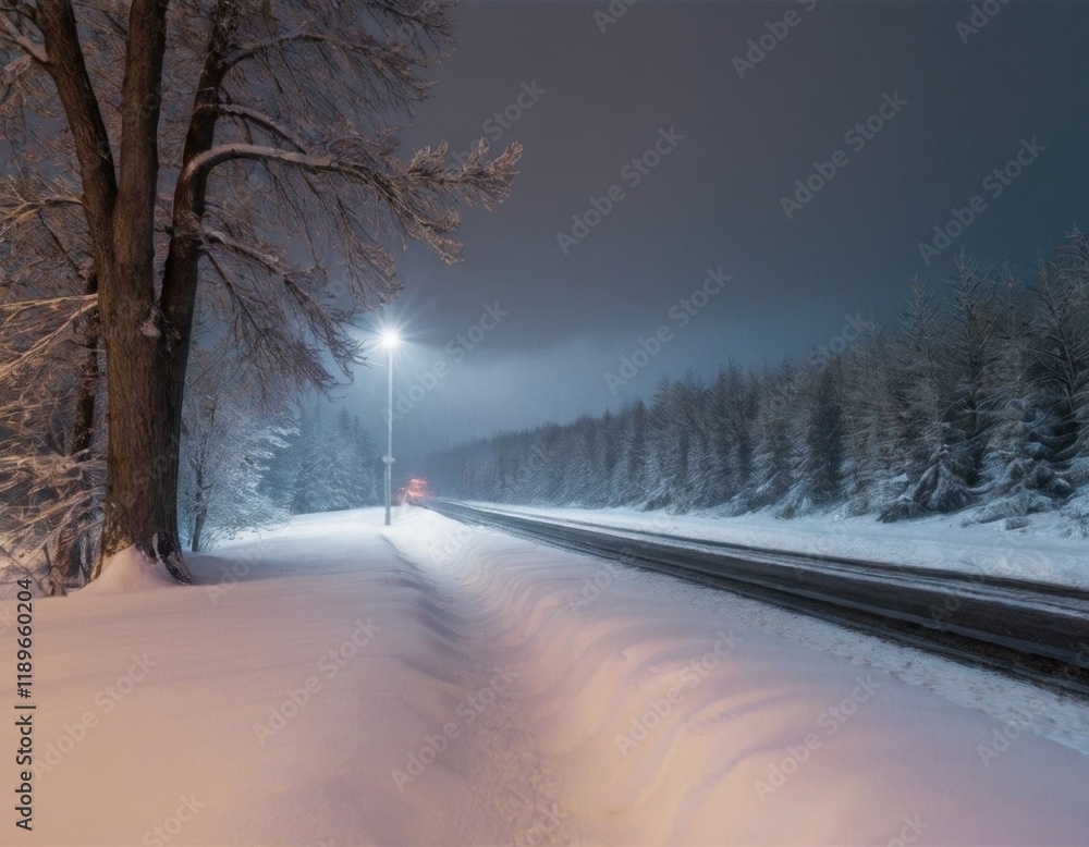 Fototapeta premium A snowy road lined with trees and a glowing street lamp at dusk.